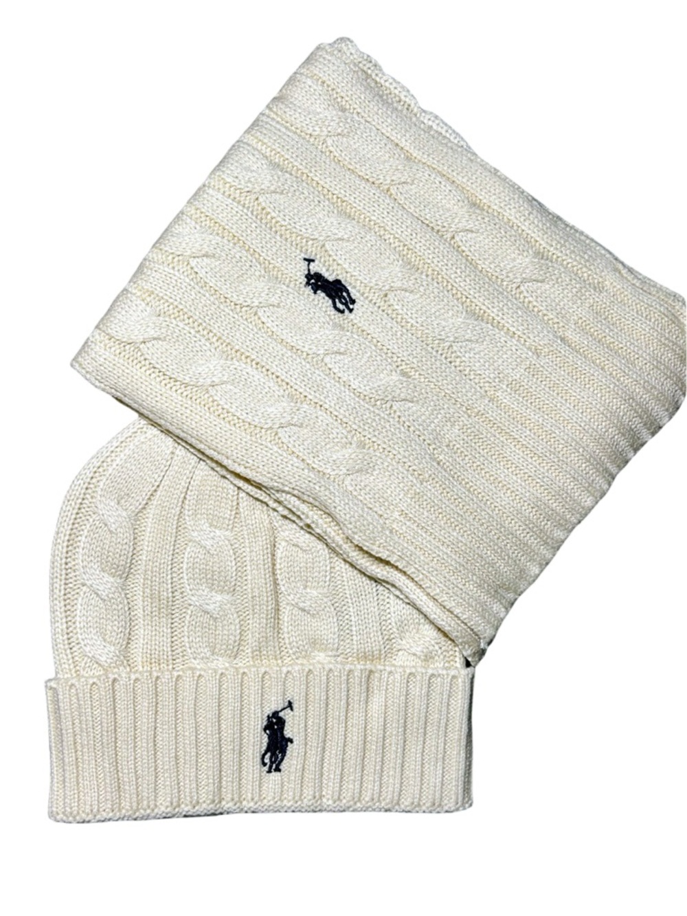 Ralph Lauren White Cable Knit Scarf and Beanie Set with Navy Polo Logo